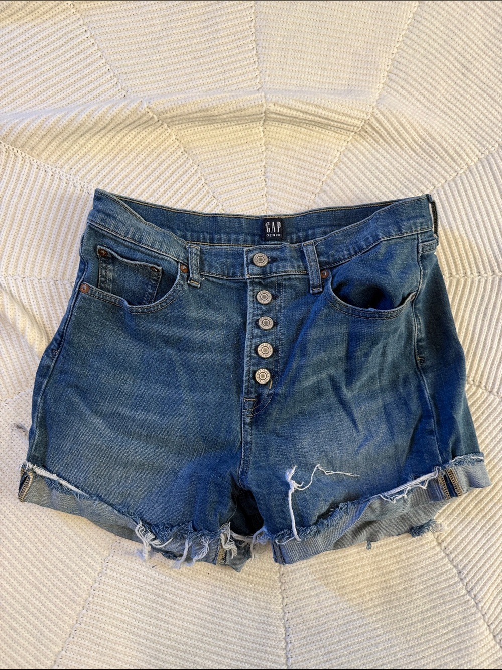 GAP Distressed Mid-Blue High-Rise Button-Front Denim Shorts